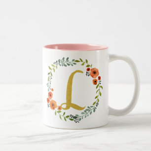 Botanische Blume Wreath Gold Monogram Initial L Zweifarbige Tasse