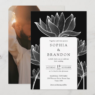 Botanische Blumen-Hochzeit in Schwarzweiß Einladung
