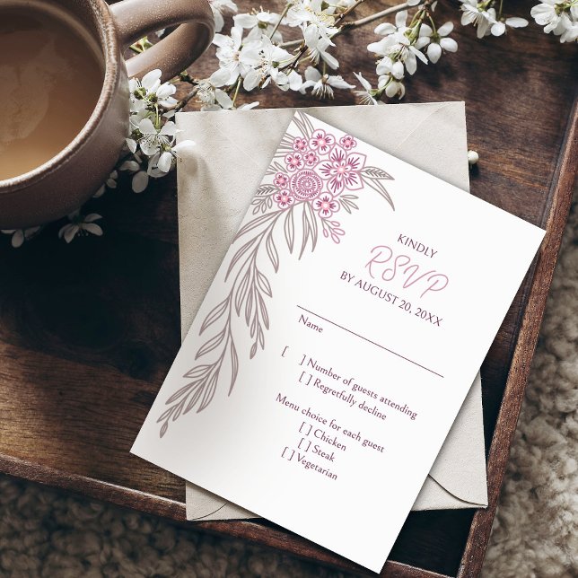 Botanische Blumendusty-Rose Blush Burgundy Wedding RSVP Karte (Von Creator hochgeladen)