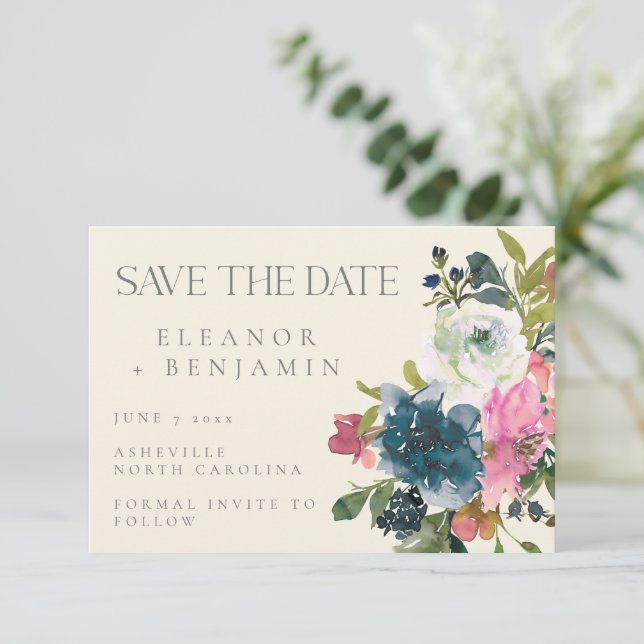 Botanische Blumenhochzeit im eleganten Watercolor Save The Date (Stehend Vorderseite)