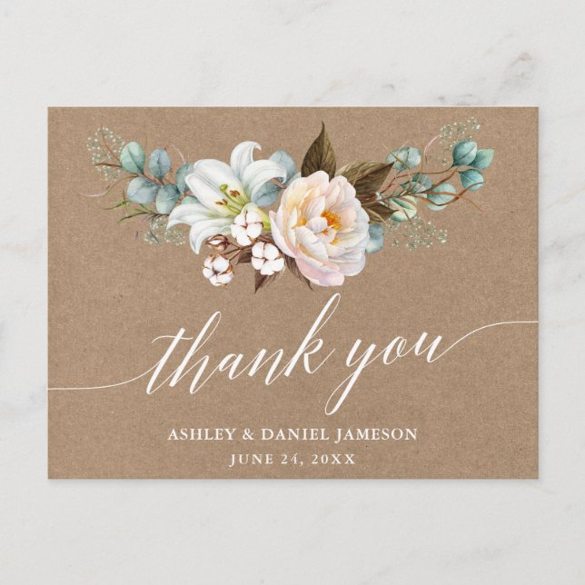 Botanische Blumenkalligrafie Hochzeitkraft dank Postkarte (Vorderseite)