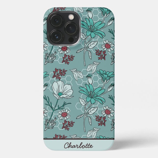 Botanische Blüte Blumenmuster personalisierter Nam iPhone Hülle (Rückseite)