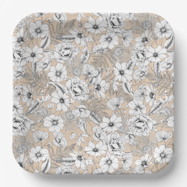 Botanische Blütenlinie zeichnend Farne beige Papa Pappteller (Vorderseite)