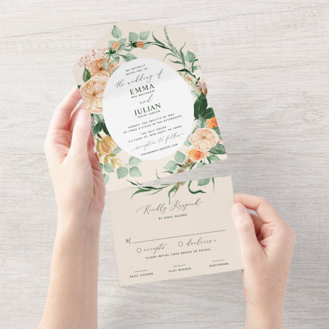 Botanische Boho Greenery Peach Floral Wedding All In One Einladung (Abreißen)