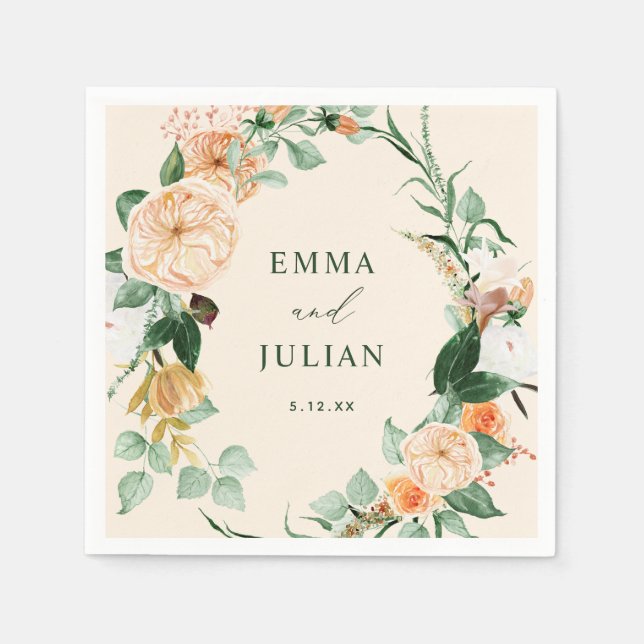 Botanische Boho Greenery Peach Personalisiert Wedd Serviette (Vorderseite)