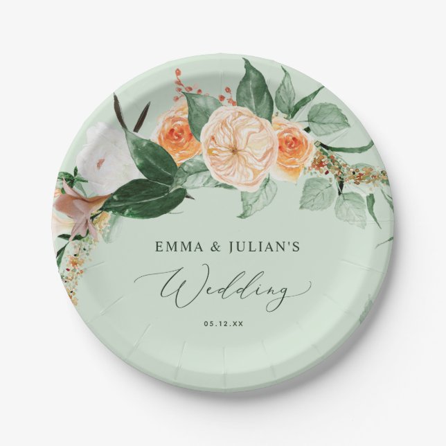 Botanische Boho Greenery Sage Personalisiert Hochz Pappteller (Vorderseite)