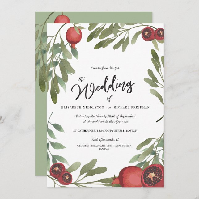 Botanische Boho Greenery Wedding Burgundy Einladung (Vorne/Hinten)