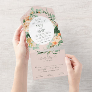 Botanische Boho-Grün-Blush-Pink-Floral-Hochzeit All In One Einladung