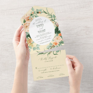 Botanische Boho-Grünzeug Gelbe Florale Hochzeit All In One Einladung