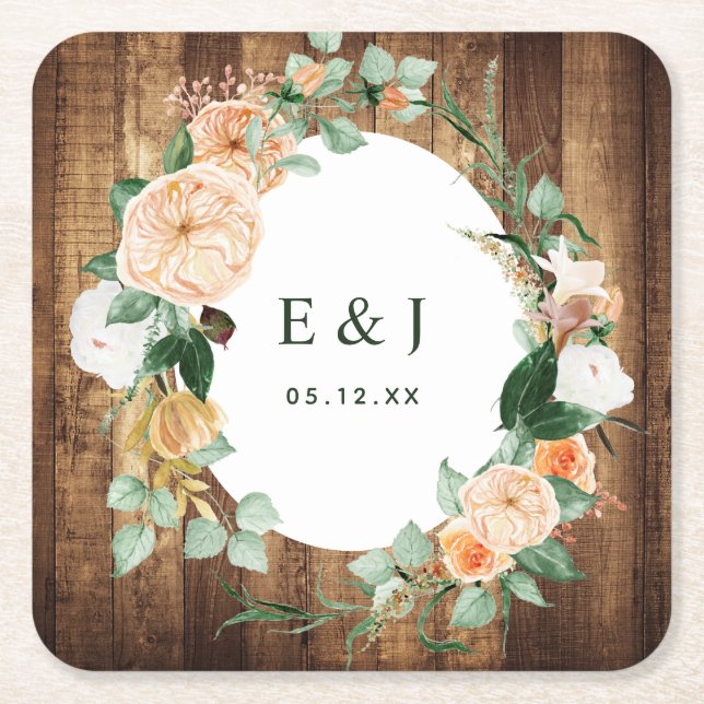 Botanische Boho Rustic Wood Monogram Barn Wedding Rechteckiger Pappuntersetzer (Vorderseite)