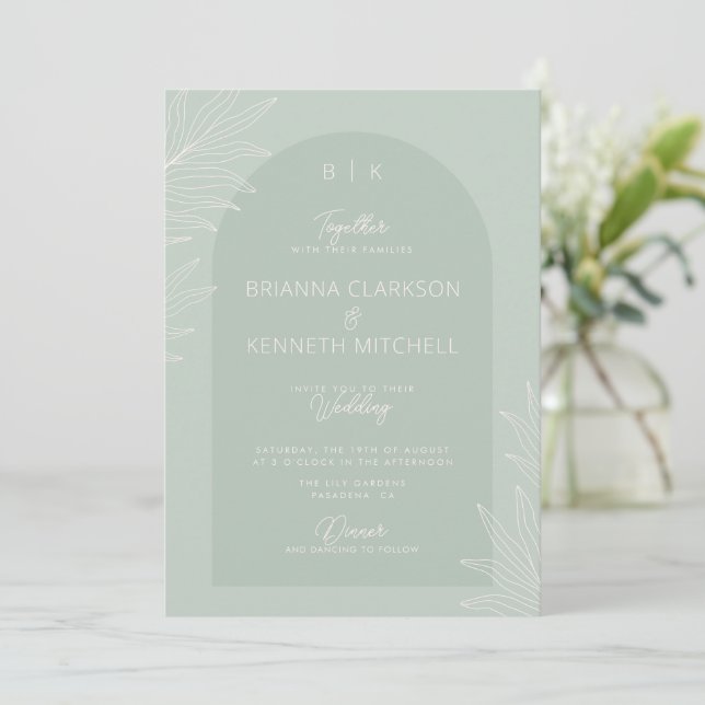 Botanische Boho Sage Green mit Arch Foto Hochzeit Einladung (Stehend Vorderseite)