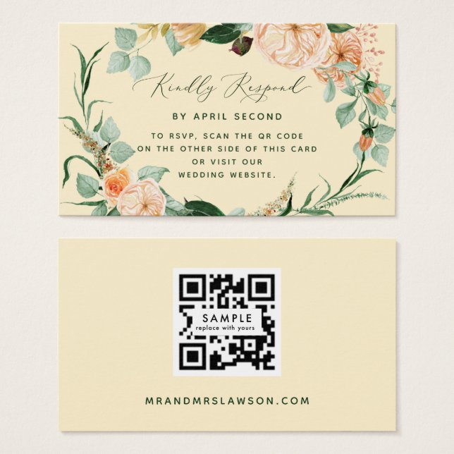Botanische Boho Yellow Wedding QR Code RSVP Karte (Vorne & Hinten)
