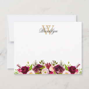 Botanische Borgundy Blush Floral Monogram Note Car Dankeskarte