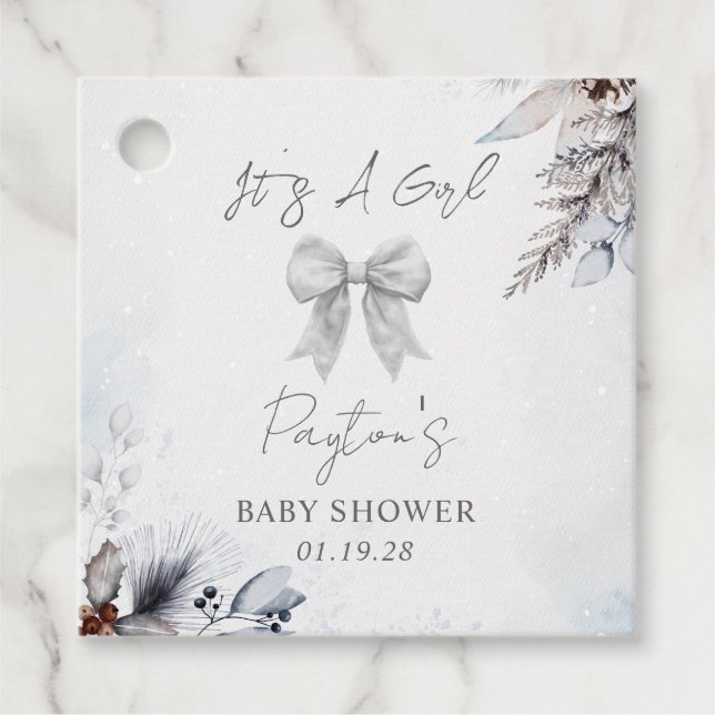 Botanische Bow Winter Snow Girl Babydusche Geschenkanhänger (Vorderseite)