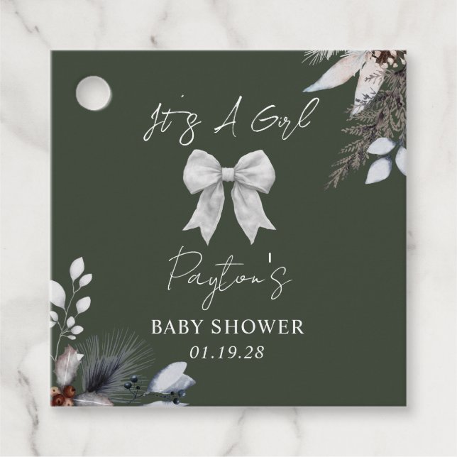 Botanische Bow Winter Snow Green Girl Babydusche Geschenkanhänger (Vorderseite)