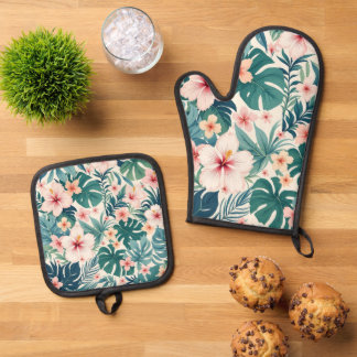 Botanische Breeze - Tropenblumenöfen Mitt & Pot Ofenhandschuh & Topflappen-Set