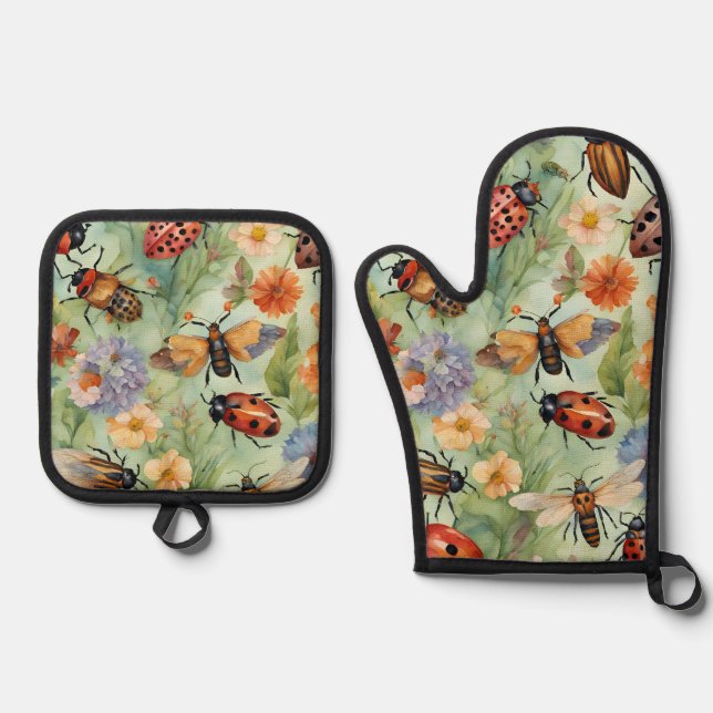 Botanische Bug Symphonie Ofenhandschuh & Topflappen-Set (Vorderseite)