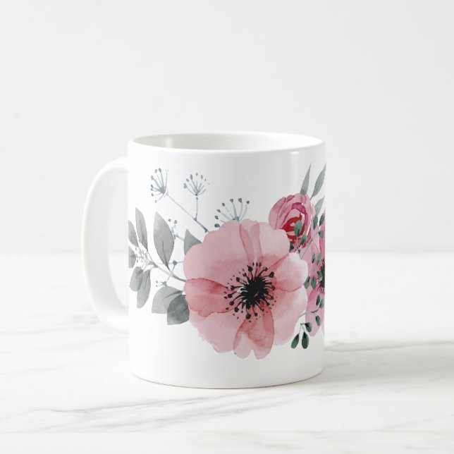 Botanische Chic floral elegante graurosa Blume Kaffeetasse (Vorderseite Links)