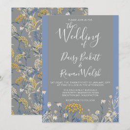Botanische Daisy Floral Yellow & Navy Blue Wedding Einladung