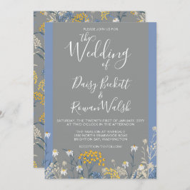 Botanische Daisy Floral Yellow & Navy Blue Wedding Einladung