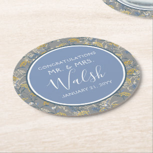 Botanische Daisy Floral Yellow & Navy Blue Wedding Runder Pappuntersetzer