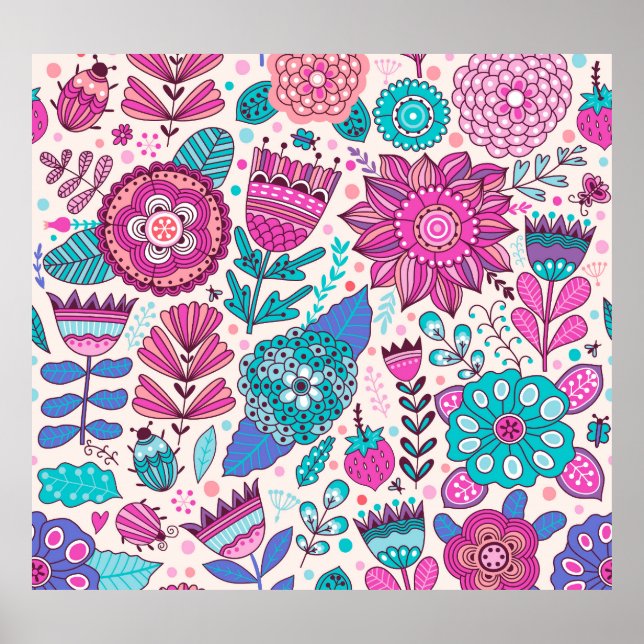 Botanische Doodle-Blume, nahtlose, Vintage Textur. Poster (Vorne)