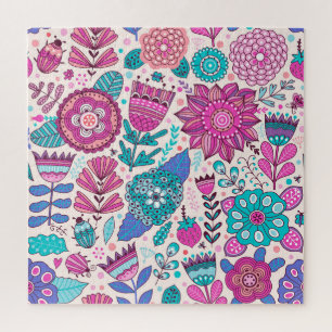 Botanische Doodle-Blumen, nahtlos, Vintage-Textur. Puzzle