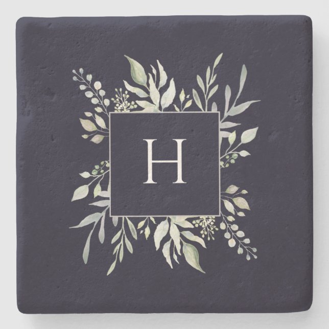 Botanische Dunkle Navy mit personalisierter Monogr Steinuntersetzer (Vorderseite)