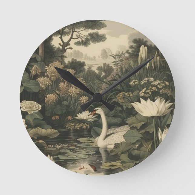 Botanische Elegance - Schwan im Wald Runde Wanduhr (Vorderseite)