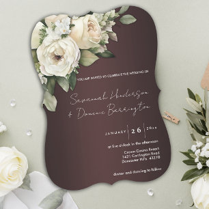Botanische Eleganz und weiße Rosen Marsala-Hochzei Einladung