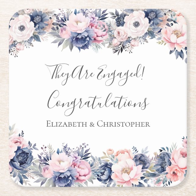 Botanische Engagement-Partei für Navy Blue Pink Fl Rechteckiger Pappuntersetzer (Vorderseite)