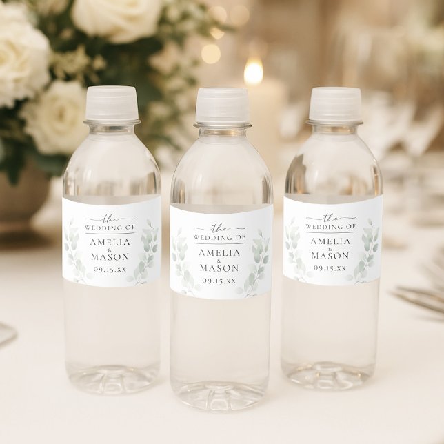 Botanische Eukalyptus-Hochzeit Wasserflaschenetikett (Elegant Botanical Eucalyptus Wedding Water Bottle Label)