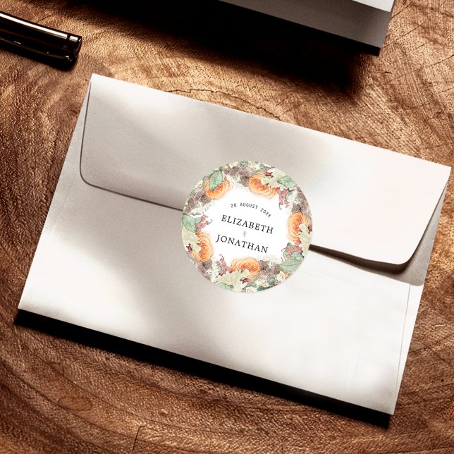 Botanische Eukalyptus-Orangen-Rosen Hochzeitsflor Runder Aufkleber (Von Creator hochgeladen)