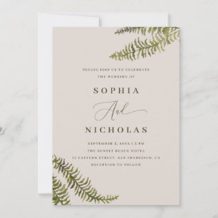 Botanische Farn-Hochzeit + Foto & QR Warmes Taup Einladung