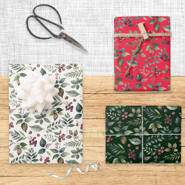 Botanische Feierlichkeit Grün und Berries Weihnach Geschenkpapier Set
