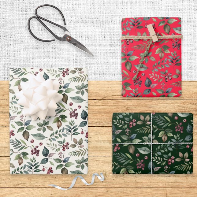 Botanische Feierlichkeit Grün und Berries Weihnach Geschenkpapier Set (An elegant set of Christmas gift wrap sheets in red, winter white and green, with botanical pattern)