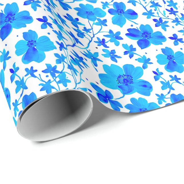 Botanische Flora in Deep Blue und White Geschenkpapier (Rolleneckpunkt)