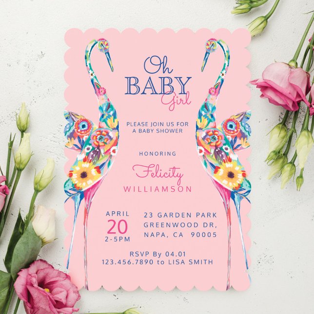 Botanische Flora Storch Baby Dusche Einladung (Floral Botanical Stork Baby Girl Shower Invitation)