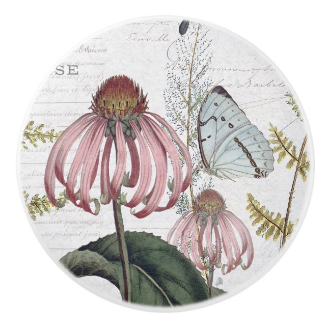 Botanische Flora-Vintag-Schmetterling-Hütte Elfenb Keramikknauf (Vorderseite)