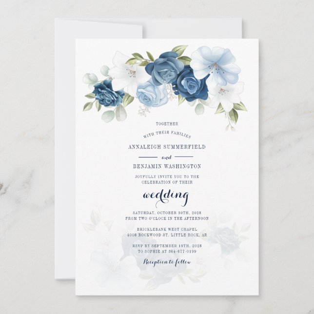 Botanische florale Dusty Blue Script Hochzeit Einladung (Vorderseite)