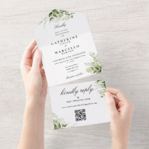 Botanische Florale Grünpflanzen QR-Code Hochzeit All In One Einladung