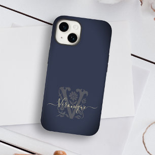 Botanische Flotte Blau und Gold V Name Monogram Case-Mate iPhone 14 Hülle