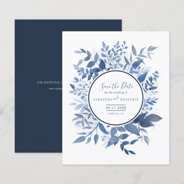 Botanische Foliage Navy Blue Save the Date (Vorne/Hinten)