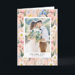 Botanische Frühjahrsfeier Blume Muster Foto Hochze Dankeskarte<br><div class="desc">Vielen Dank an Familie und Freunde,  die mit dieser individuell gestaltbaren Hochzeitskarte zu Ihrem besonderen Tag beigetragen haben. Es zeichnet sich durch ein botanisches Muster aus Tulpen,  Narzissen,  rosa Gefrierfisch,  blaue Iris,  Aquilegia und Blattwerk aus. Dieses botanische Dankeschön-Kartenspiel wird auch für Abschlüsse und andere Events geeignet sein.</div>