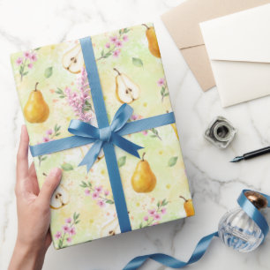 Botanische gelbe Birnen und Frühlingsblüten Aquare Geschenkpapier