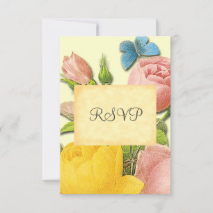 Botanische, gelbe und rosa Rose-RSVP-Karten Einladung