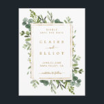 Botanische goldene Hochzeit retten Datum Ankündigungspostkarte<br><div class="desc">Diese Hochzeit speichern das Datum Postkarte mit gemalten Aquarell Eukalyptusgrün,  grünen Blätter und einem goldenen Rechteck Rahmen. Für eine weiter gehende Anpassung dieses Designs klicken Sie bitte auf den Link "Weitere Anpassung". Matching-Elemente sind ebenfalls verfügbar.</div>