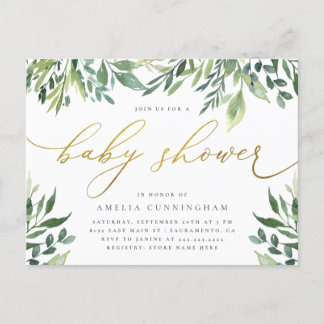 Botanische Goldkalligrafie-Babydusche Einladungspostkarte