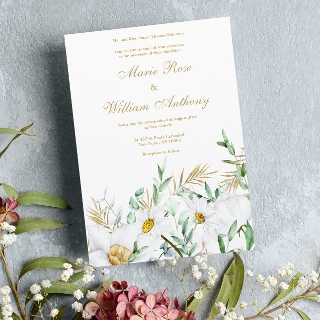 Botanische Goldminze Einladung (Botanical white gold mint daisies floral Wedding )