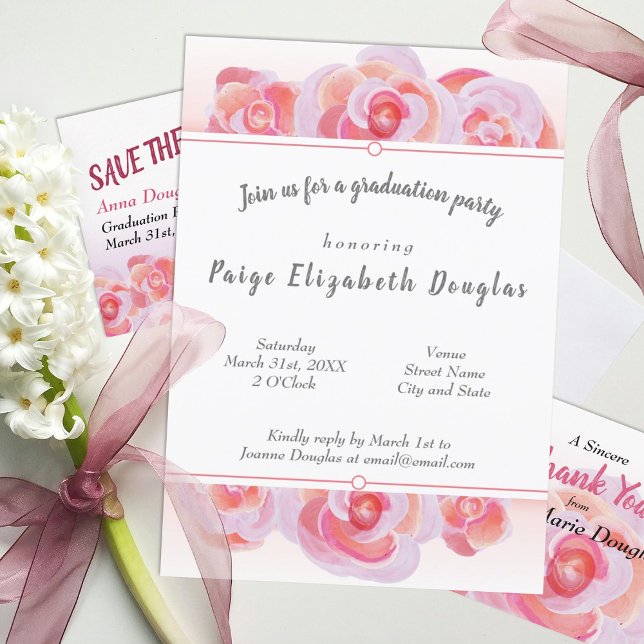 Botanische Graduierungspartei Pink und Gray Floral Einladung (dusty peach coral pink floral graduation party invitations for girl spring springtime)